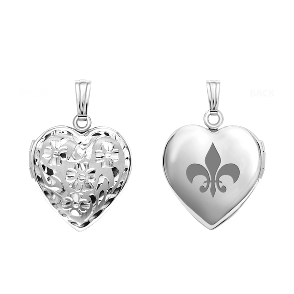 Hand Engraved Design Heart Locket in Sterling Silver with Optional Engraving (28 x 15 mm)