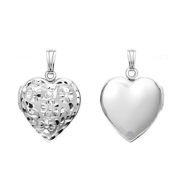 Hand Engraved Design Heart Locket in Sterling Silver with Optional Engraving (28 x 15 mm)