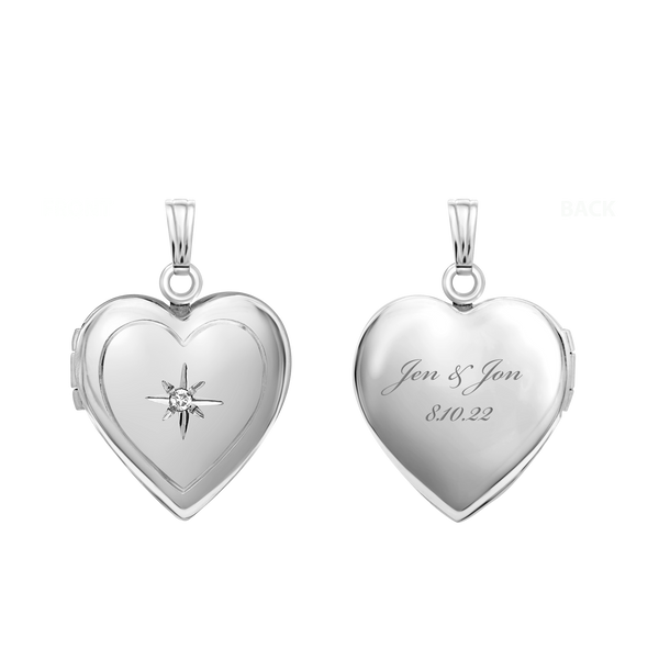 Heart Locket with Diamonds in Sterling Silver with Optional Engraving (22 x 15 mm)