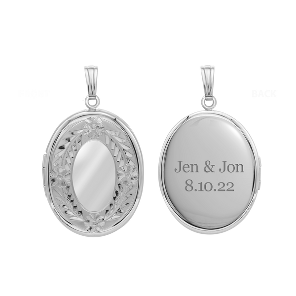 Hand Engraved Design Oval Locket in Sterling Silver with Optional Engraving (39 x 23 mm)