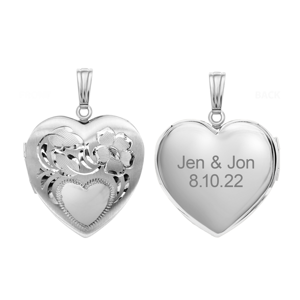 Hand Engraved Design Heart Locket in Sterling Silver with Optional Engraving (31 x 22 mm)