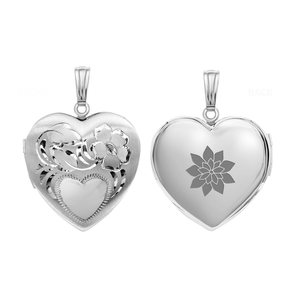 Hand Engraved Design Heart Locket in Sterling Silver with Optional Engraving (31 x 22 mm)