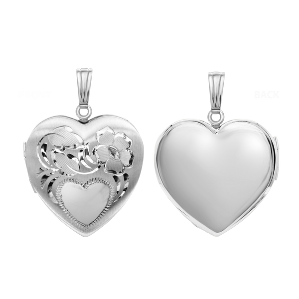 Hand Engraved Design Heart Locket in Sterling Silver with Optional Engraving (31 x 22 mm)