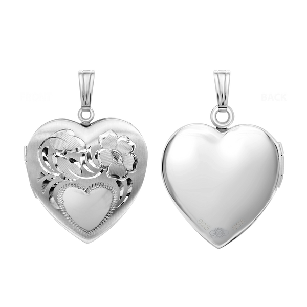 Hand Engraved Design Heart Locket in Sterling Silver with Optional Engraving (31 x 22 mm)