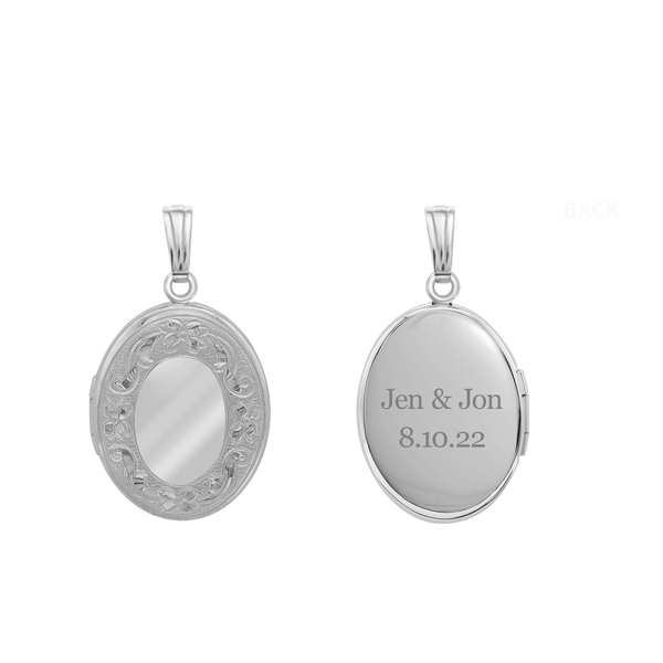 Hand Engraved Design Oval Locket in Sterling Silver with Optional Engraving (23 x 14 mm)