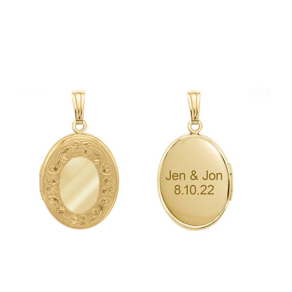 Hand Engraved Design Oval Locket in 14K Gold Filled with Optional Engraving (23 x 13 mm)