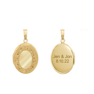 Hand Engraved Design Oval Locket in 14K Gold Filled with Optional Engraving (23 x 13 mm)