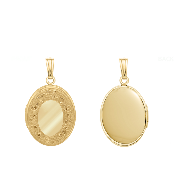 Hand Engraved Design Oval Locket in 14K Gold Filled with Optional Engraving (23 x 13 mm)