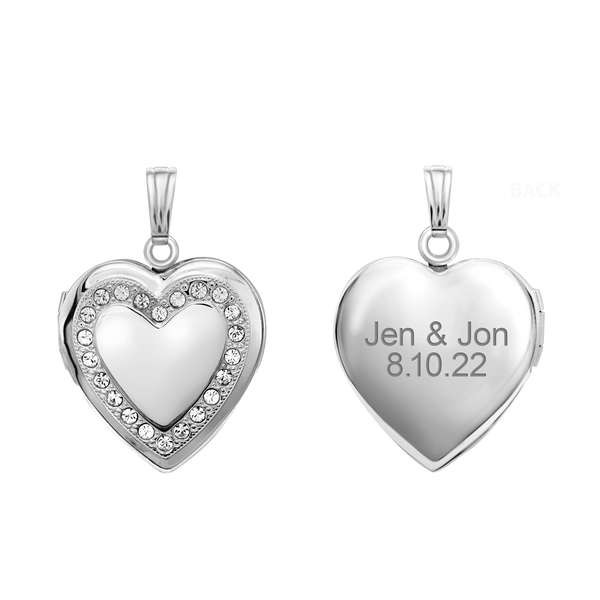 Heart Engraved Design Locket with Austrian Crystals (Not Diamonds) in Sterling Silver with Optional Engraving (28 x 19 mm)