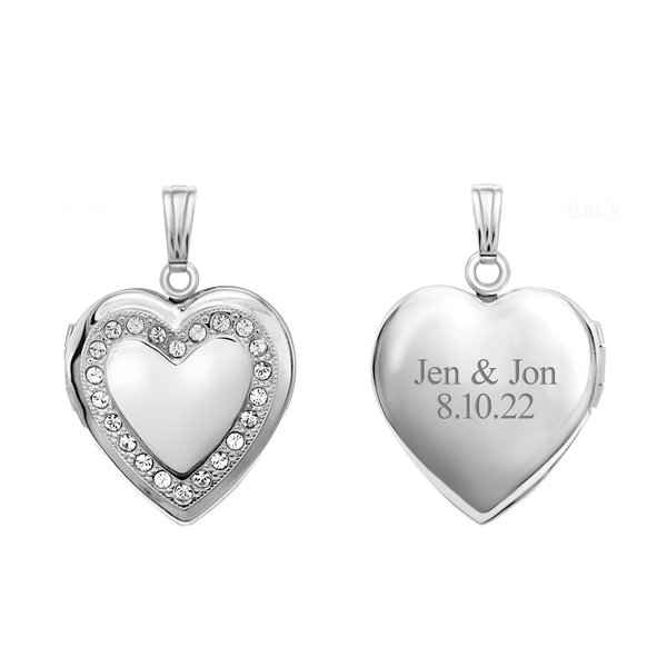 Heart Engraved Design Locket with Austrian Crystals (Not Diamonds) in Sterling Silver with Optional Engraving (28 x 19 mm)