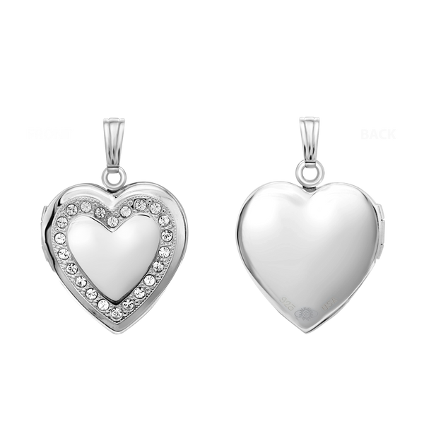 Heart Engraved Design Locket with Austrian Crystals (Not Diamonds) in Sterling Silver with Optional Engraving (28 x 19 mm)