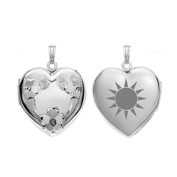 Hand Engraved Design Heart Locket in Sterling Silver with Optional Engraving (34 x 26 mm)