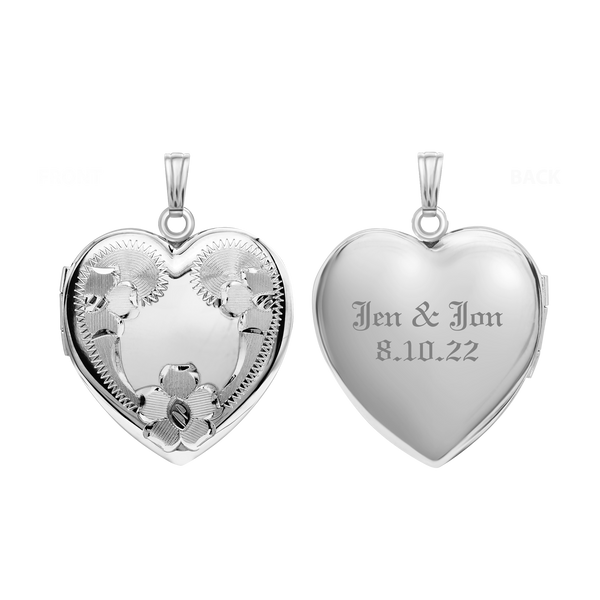 Hand Engraved Design Heart Locket in Sterling Silver with Optional Engraving (34 x 26 mm)