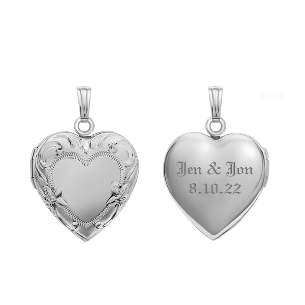 Embossed Heart Locket in Sterling Silver with Optional Engraving (28 x 19 mm)