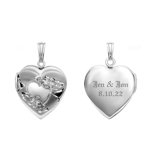 Hand Engraved Design Heart Locket in Sterling Silver with Optional Engraving (28 x 19 mm)