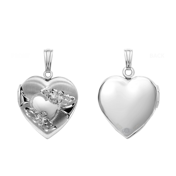 Hand Engraved Design Heart Locket in Sterling Silver with Optional Engraving (28 x 19 mm)