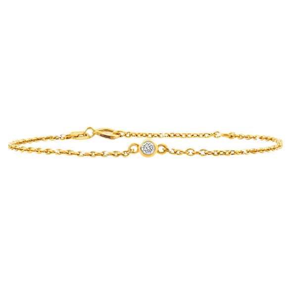 Diamond or Gemstone Round Bezel Charm in 14K Yellow Diamond Cut Cable Bracelet