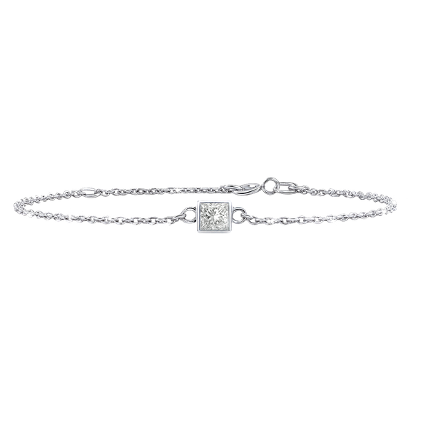 Diamond or Gemstone Square Bezel Charm in 14K White Diamond Cut Cable Bracelet