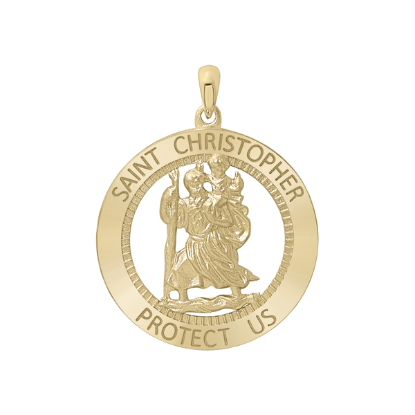 14K Gold Round Saint Christopher Medallion (1 1/4 inch - 1 1/2 inch)