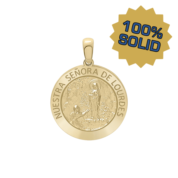 14K Gold Round Nuestra Señora de Lourdes Medallion (3/4 inch)