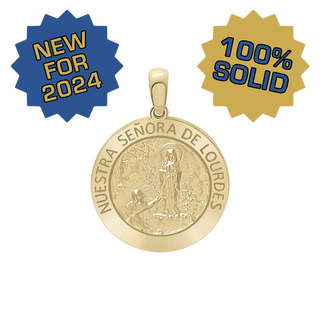 14K Gold Round Nuestra Señora de Lourdes Medallion (3/4 inch)