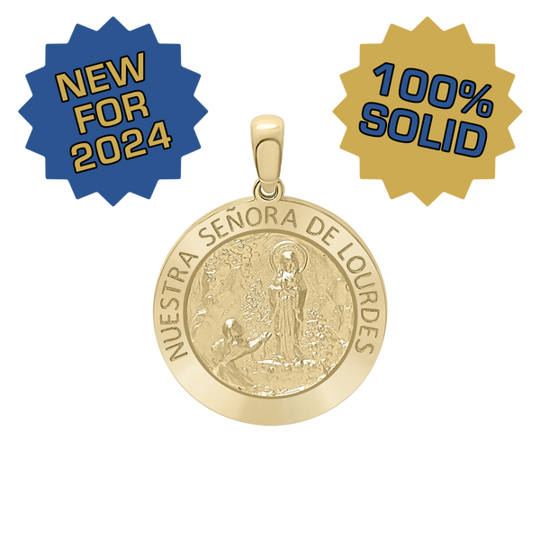 14K Gold Round Nuestra Señora de Lourdes Medallion (3/4 inch)