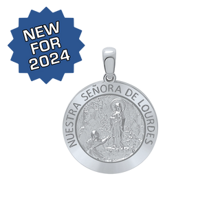 Sterling Silver Round Nuestra Señora de Lourdes Medallion (3/4 inch)