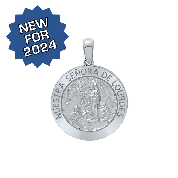 Sterling Silver Round Nuestra Señora de Lourdes Medallion (3/4 inch)