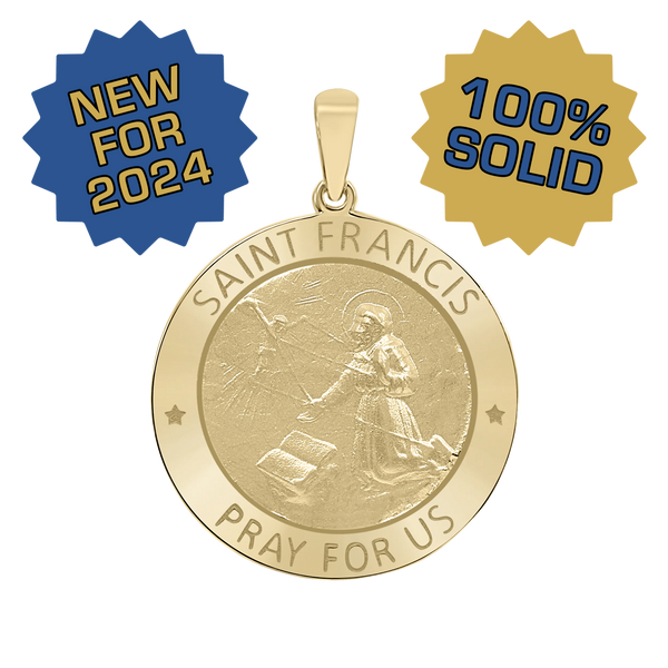 14K Gold Round Saint Francis Medallion (5/8 inch - 1 inch)