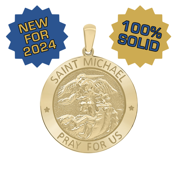 14K Gold Round Saint Michael Medallion (5/8 inch - 1 inch)