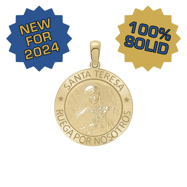 14K Gold Round Santa Teresa Medallion (5/8 inch - 3/4 inch)