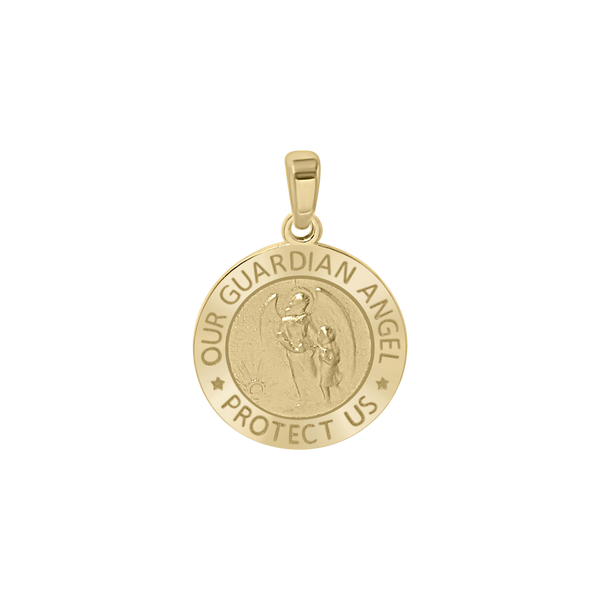 14K Gold Round Guardian Angel Medallion (1/2 inch - 1 inch)