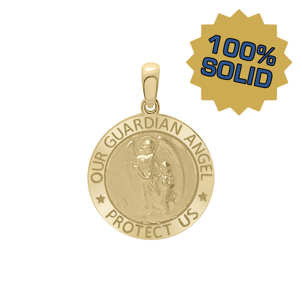 14K Gold Round Guardian Angel Medallion (3/4 inch)