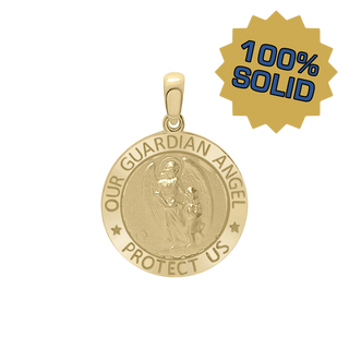 14K Gold Round Guardian Angel Medallion (3/4 inch)