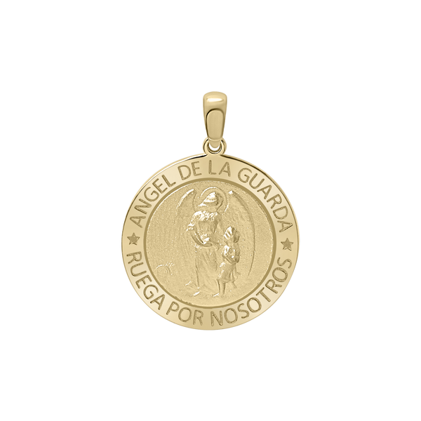 14K Gold Round Añgel Del La Guarda Medallion (5/8 inch - 1 inch)