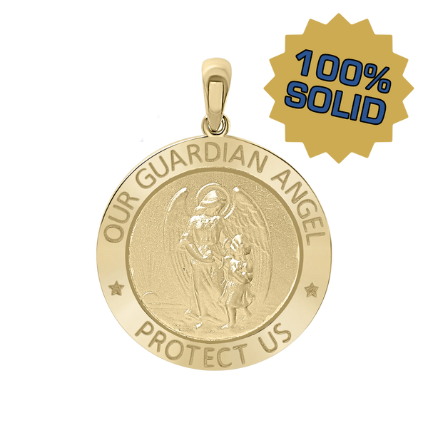 14K Gold Round Guardian Angel Medallion (1/2 inch - 1 inch)