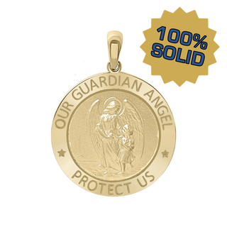 14K Gold Round Guardian Angel Medallion (3/4 inch)