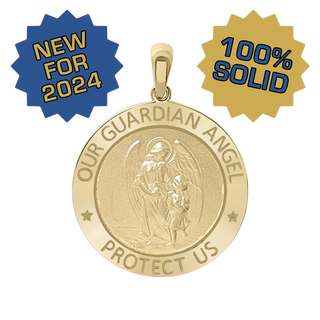 14K Gold Round Guardian Angel Medallion (1/2 inch - 1 inch)