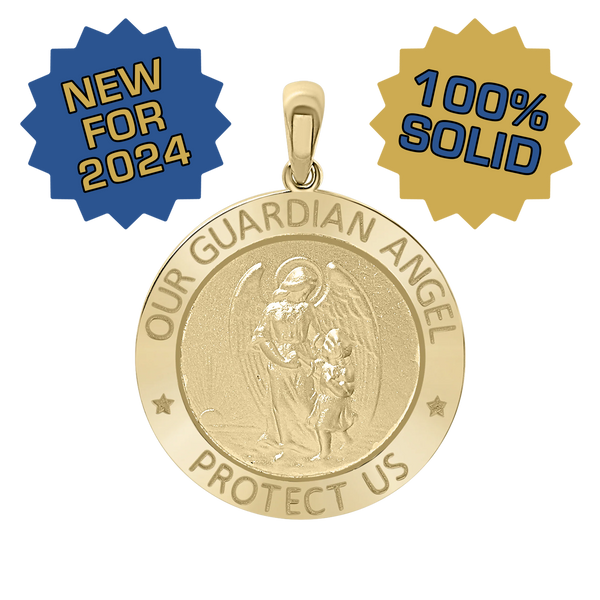 14K Gold Round Guardian Angel Medallion (1/2 inch - 1 inch)