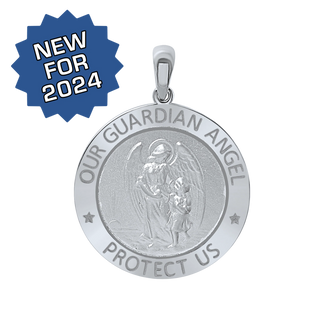 Sterling Silver Round Guardian Angel Medallion (5/8 inch - 1 inch)