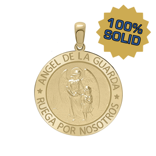 14K Gold Round Añgel Del La Guarda Medallion (5/8 inch - 1 inch)