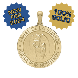 14K Gold Round Añgel Del La Guarda Medallion (5/8 inch - 1 inch)