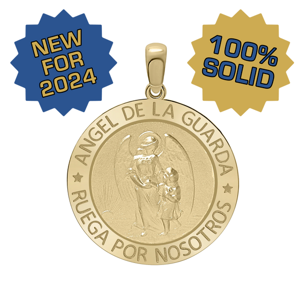 14K Gold Round Añgel Del La Guarda Medallion (5/8 inch - 1 inch)