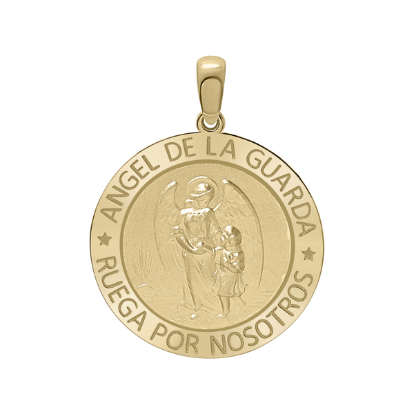 14K Gold Round Añgel Del La Guarda Medallion (5/8 inch - 1 inch)