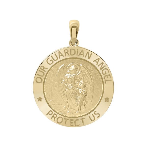 14K Gold Round Guardian Angel Medallion (1/2 inch - 1 inch)