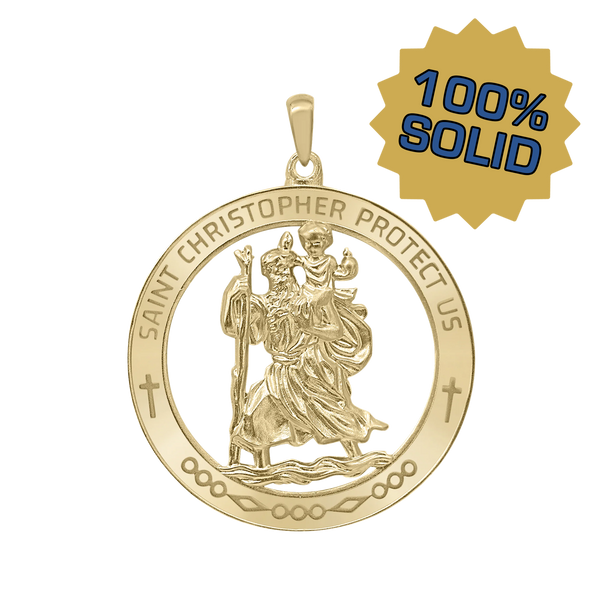 14K Gold Round Saint Christopher Medallion (1 1/4 inch - 1 1/2 inch)