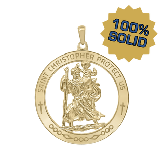 14K Gold Round Saint Christopher Medallion (1 1/4 inch - 1 1/2 inch)