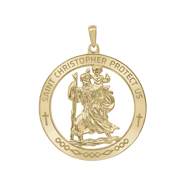 14K Gold Round Saint Christopher Medallion (1 1/4 inch - 1 1/2 inch)