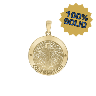 14K Gold Round Confirmation with Cross Medallion (5/8 inch - 3/4 inch)