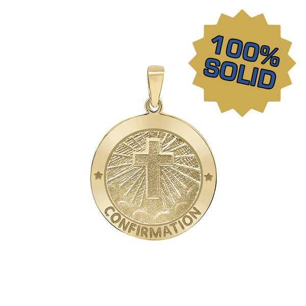 14K Gold Round Confirmation with Cross Medallion (5/8 inch - 3/4 inch)